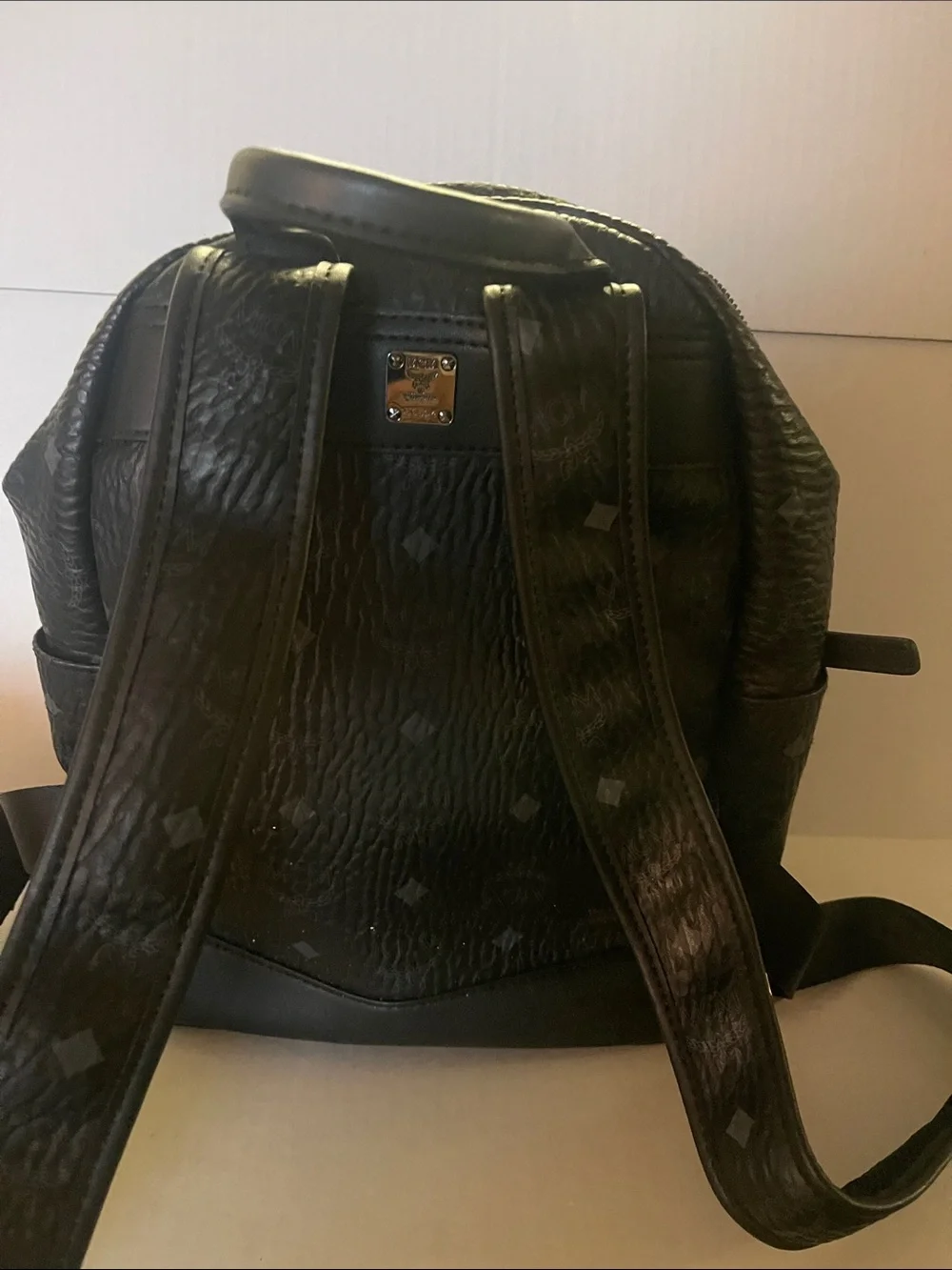 MCM Black Textured Leather Backpack with Gray Logo Panel